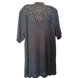 Grove Avenue Crinkled Tunic Top Size 20W Black Beaded Jeweled Stones Vintage USA